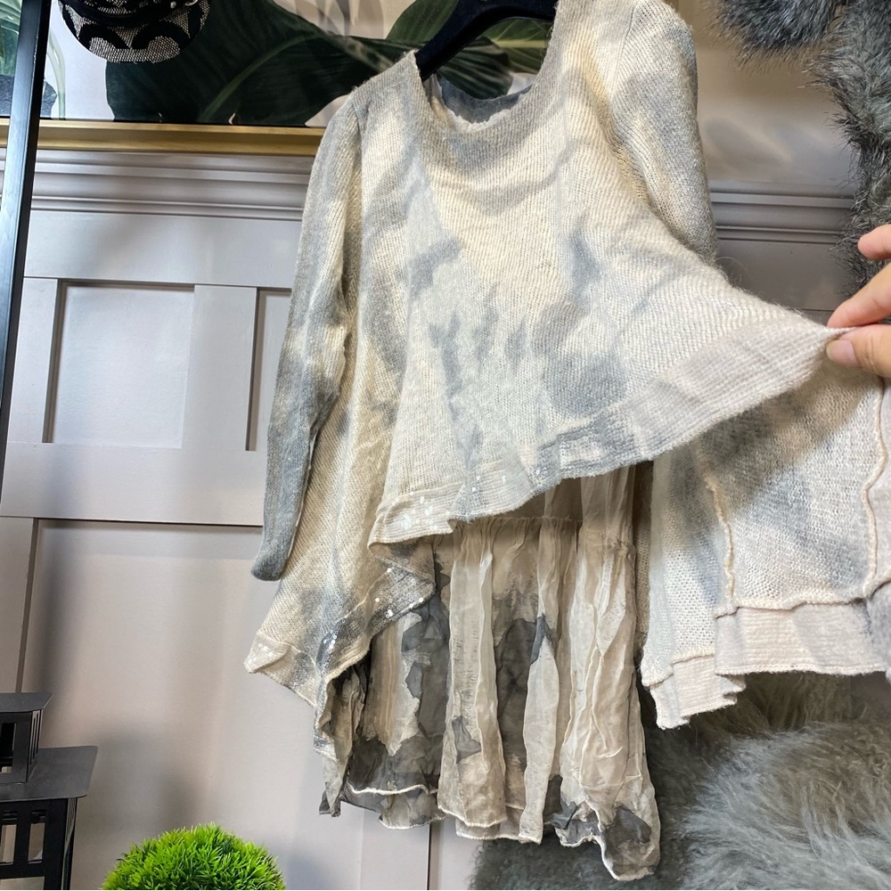 Gray and Cream Tie-Dye Top with Sequin Hem Loose knit sweater dress art fashion